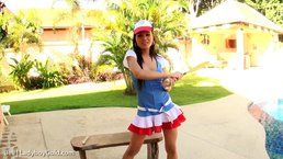 Baseball enthusiast shines in a solo shemale video